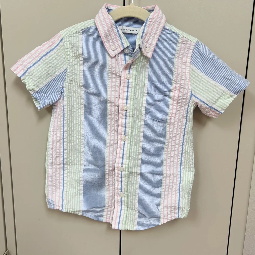 JANIE and JACK seersucker pink green blue short sleeve boys button down sz 5 - s